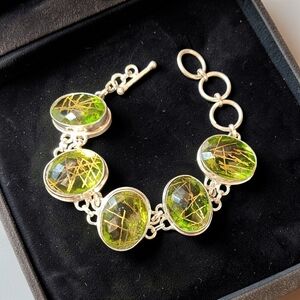 Peridot Rutilated Glass 925 Sterling Silver Bracelet.